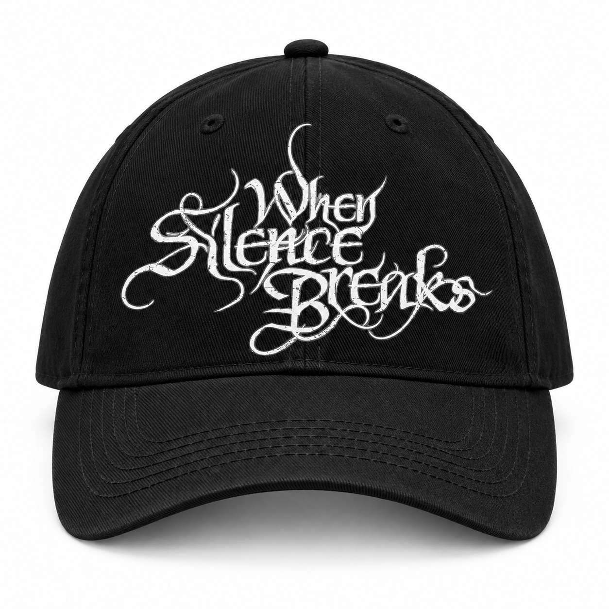 Black cap with the white When Silence Breaks logo, design preview.