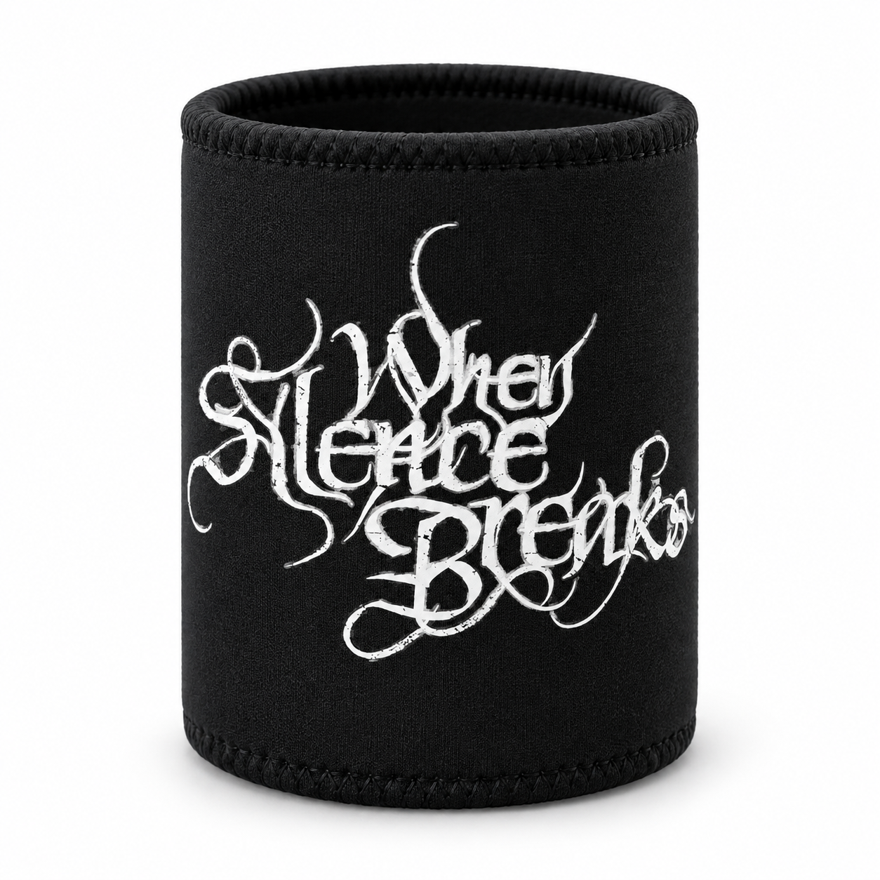 Black stubbie holder with the white When Silence Breaks logo, design preview.