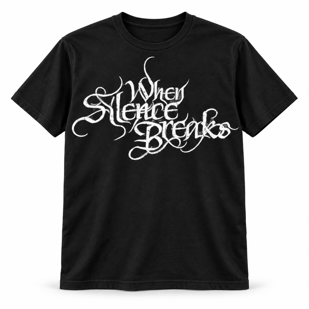 Black T-shirt with the white When Silence Breaks logo, design preview.